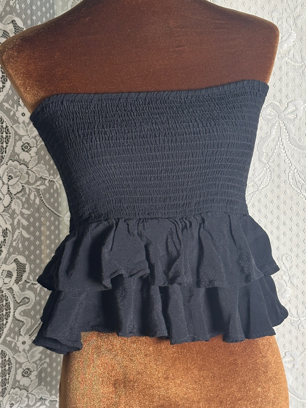 Zara Navy Strapless Smocked Ruffle Peplum Top